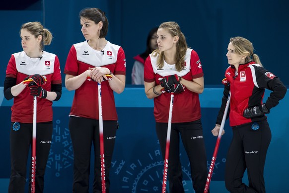 Manuela Siegrist, Esther Neuenschwander, Marlene Albrecht and Silvana Tirinzoni of Switzerland, from left, during the Curling round robin game of the women between Switzerland and China at the XXIII W ...