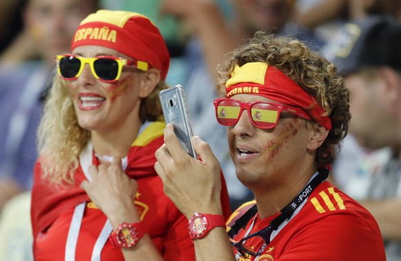 epa06810921 Supporters of Spain before the FIFA World Cup 2018 group B preliminary round soccer match between Portugal and Spain in Sochi, Russia, 15 June 2018.

(RESTRICTIONS APPLY: Editorial Use O ...