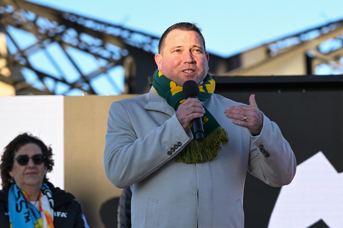 epa10710301 James Johnson CEO Football Australia speaks during a celebration ahead of the FIFA Women's World Cup on the Sydney Harbour Bridge in Sydney, Australia, 25 June 2023. Sydney?s iconic l ...