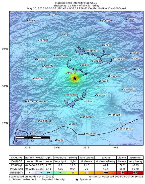 epa12976621 A handout photo made available by the United States Geological Survey (USGS) shows the location of a 5.4-magnitude earthquake hitting east-central Turkey, 20 May 2026. The epicenter of the ...