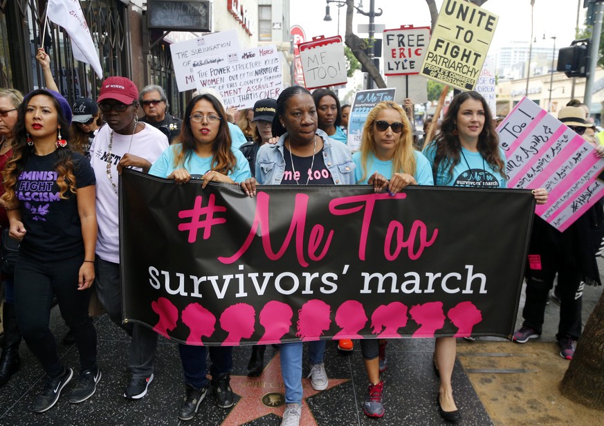 FILE - In this Nov. 12, 2017 file photo, participants march against sexual assault and harassment at the #MeToo March in the Hollywood section of Los Angeles. No matter what ultimately happens to Bret ...