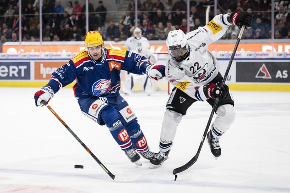 PostFinance Top Scorer Derek Grant (ZSC) (links) kaempft um den Puck mit Dave Sutter (HCFG) (rechts) im Spiel der Eishockey National League zwischen ZSC Lions, ZSC, und Fribourg-Gotteron, HCFG, vom Fr ...
