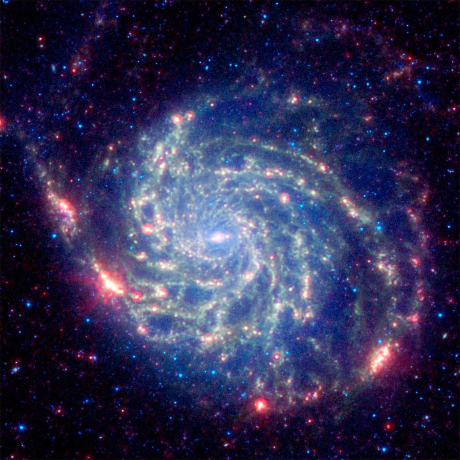 Galaxie Messier 101 (NGC 5457, Pinwheel-Galaxie oder Feuerrad-Galaxie), Infrarotaufnahme des Spitzer-Weltraumteleskops
https://esahubble.org/images/opo0907g/