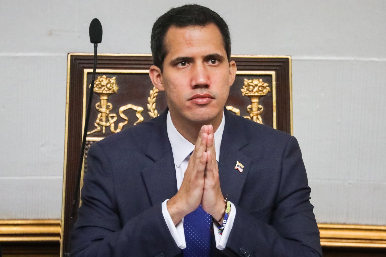 epa07346145 President of the Venezuelan National Assembly Juan Guaido takes part in a session of the body, in Caracas, Venezuela, 05 February 2019, during which he stated that the best for Russia and  ...