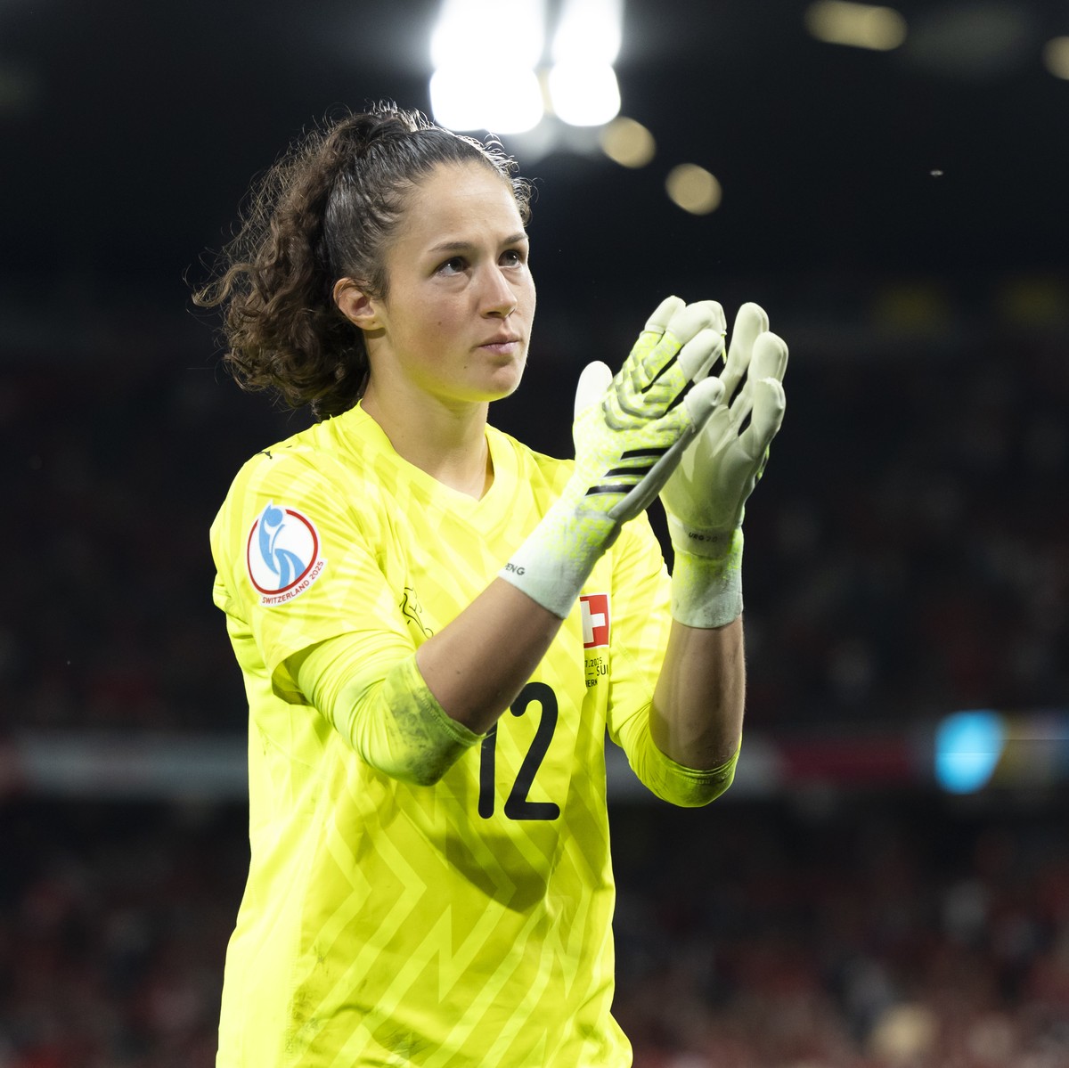 Switzerland's goalkeeper Livia Peng is disappointed after losing the UEFA Women's EURO 2025 quarterfinals soccer match between Spain and Switzerland at the Wankdorf stadium in Bern, Switzerl ...