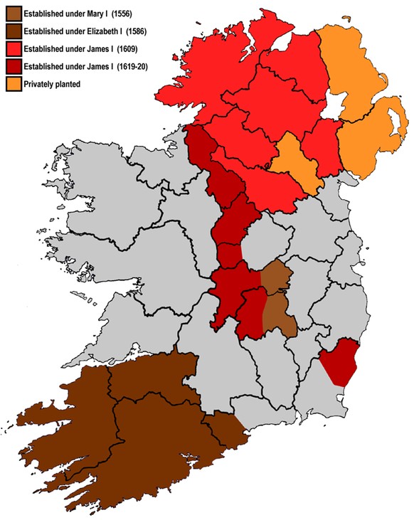 Jene «Plantations» – auf der Karte eingefärbt – legten den Grundstein für den bis heute andauernden Nordirland-Konflikt: Irland war für die Engländer nichts weiter als eine Kolonie, und mit der typisc ...