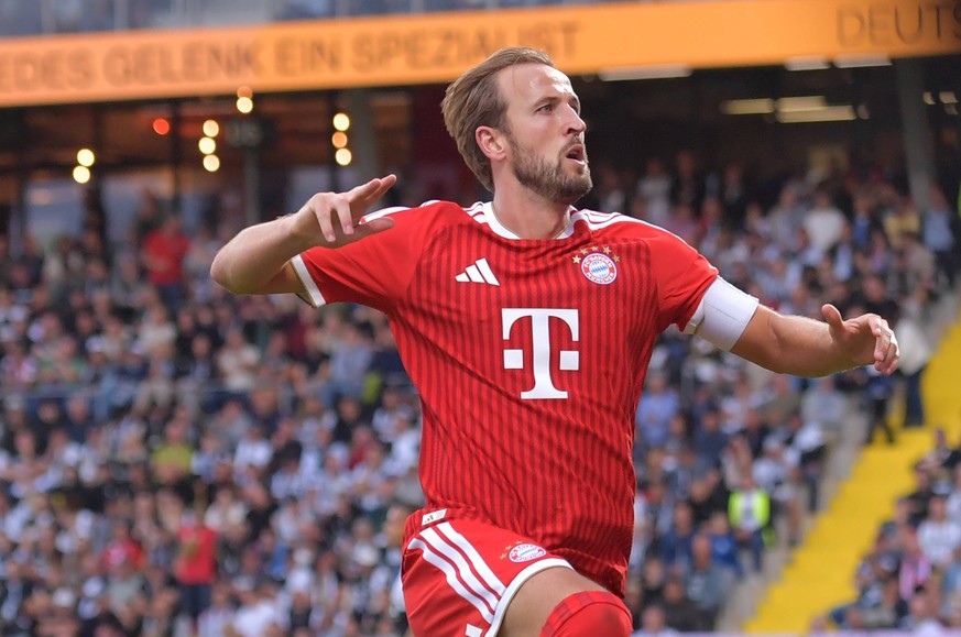 13.09.2026, xblx, Fussball 1.Bundesliga, SV Elversberg - FC Bayern M�nchen v.l. Harry Kane FC Bayern Muenchen, Goal scored, Tor zum 1:2, celebrate the goal, Torjubel , Jubel, jubeln, jubelt, DFL/DFB R ...