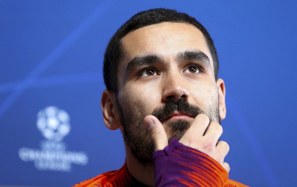 Manchester City's Ilkay Gundogan looks on during a media presentation at the City Football Academy in Manchester, England, Monday March 11, 2019. Man City face Schalke 04 in their Champions Leagu ...