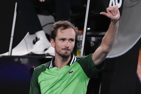 Daniil Medvedev of Russia waves after defeating Emil Ruusuvuori of Finland in their second round match at the Australian Open tennis championships at Melbourne Park, Melbourne, Australia, Friday, Jan. ...