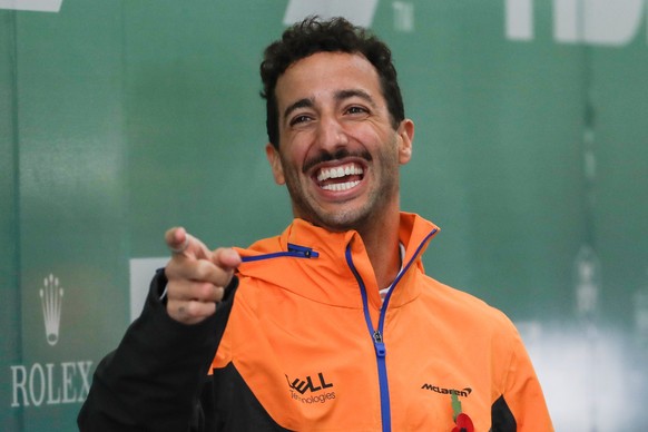 epa09576661 Australian Formula One driver Daniel Ricciardo of the McLaren F1 Team reacts at Jose Carlos Pace race car in Sao Paulo, Brazil, 11 November 2021. The Formula One Grand Prix of Brazil will  ...