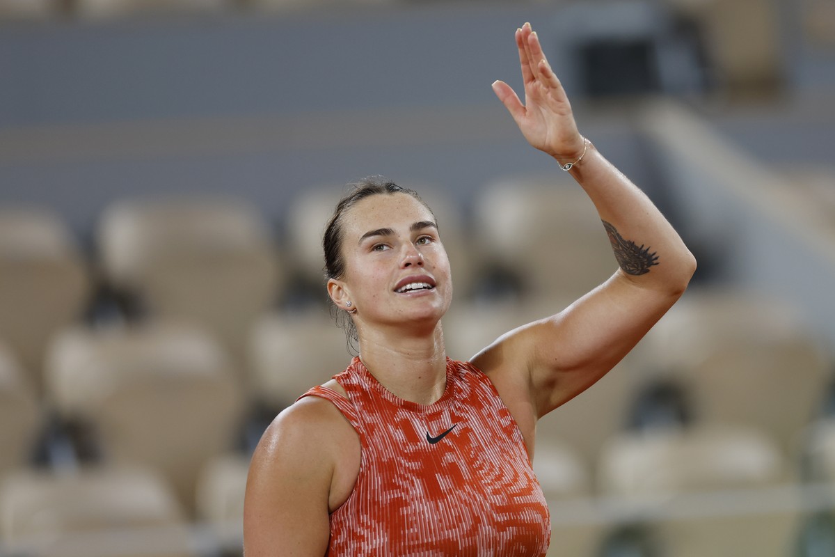 Aryna Sabalenka of Belarus celebrates after her second round match of the French Open tennis tournament against Japan's Moyuka Uchijima at the Roland Garros stadium in Paris, Thursday, May 30, 20 ...
