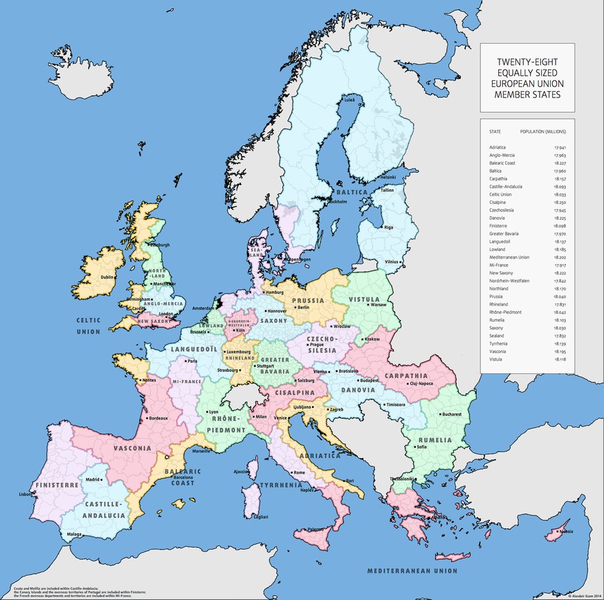 Karte: Europa in bevölkerungsmässig gleich grosse Regionen aufgeteilt