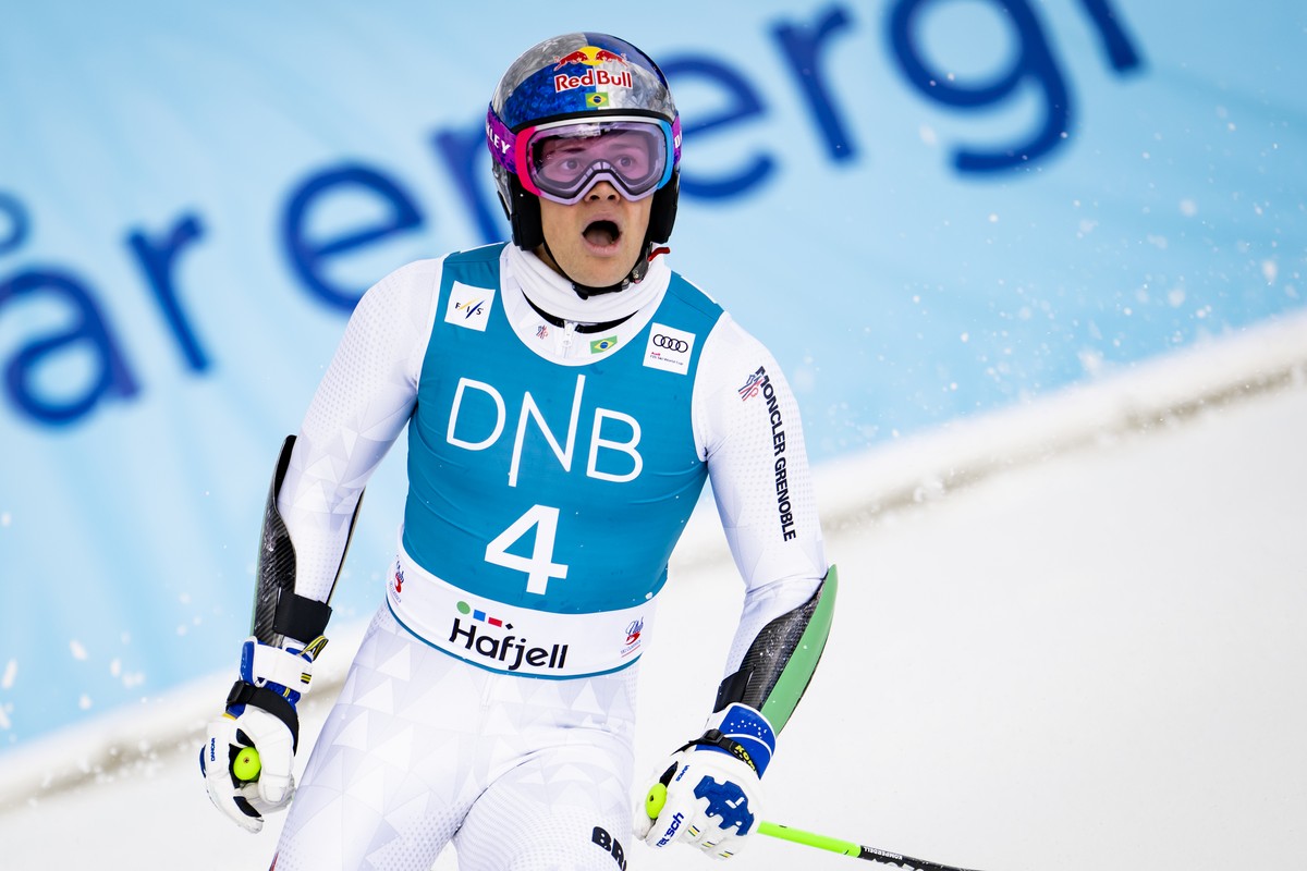 Lucas Pinheiro Braathen of Brazil reacts in the finish area during the second run of the men's Giant-Slalom race at the Lillehammer FIS Alpine Ski World Cup Finals, in Hafjell, Norway, Tuesday, M ...