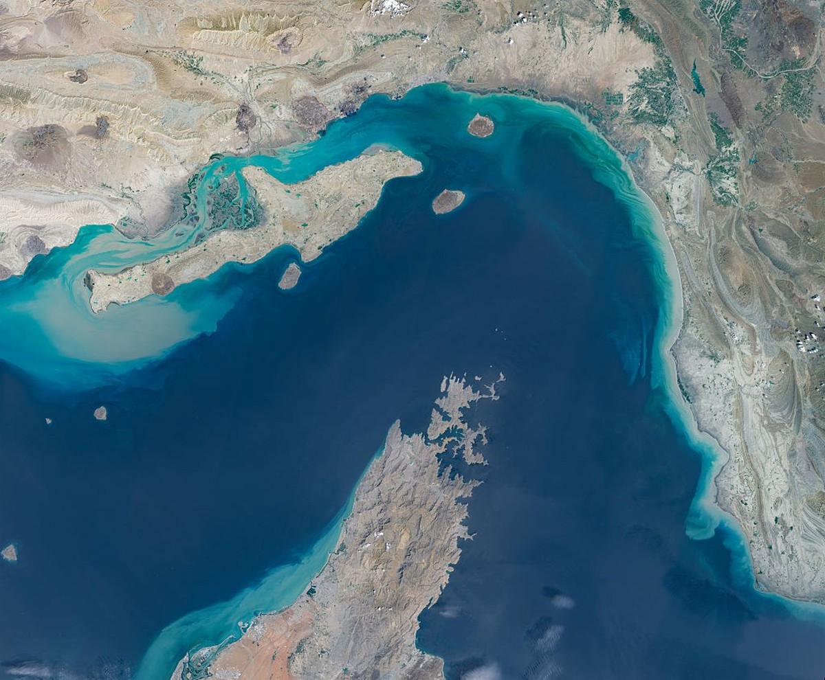 STRAIT OF HORMUZ, IRAN/OMAN -- APRIL 7, 2026: Maps4Media processed and enhanced Sentinal-2 satellite imagery shows a broad view of the Strait of Hormuz between southern Iran and Oman's Musandam P ...