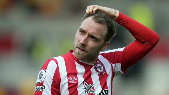 Brentford&#039;s Christian Eriksen looks on after the English Premier League soccer match between Brentford and West Ham United at the Brentford Community Stadium in London, Sunday, April 10, 2022. Br ...