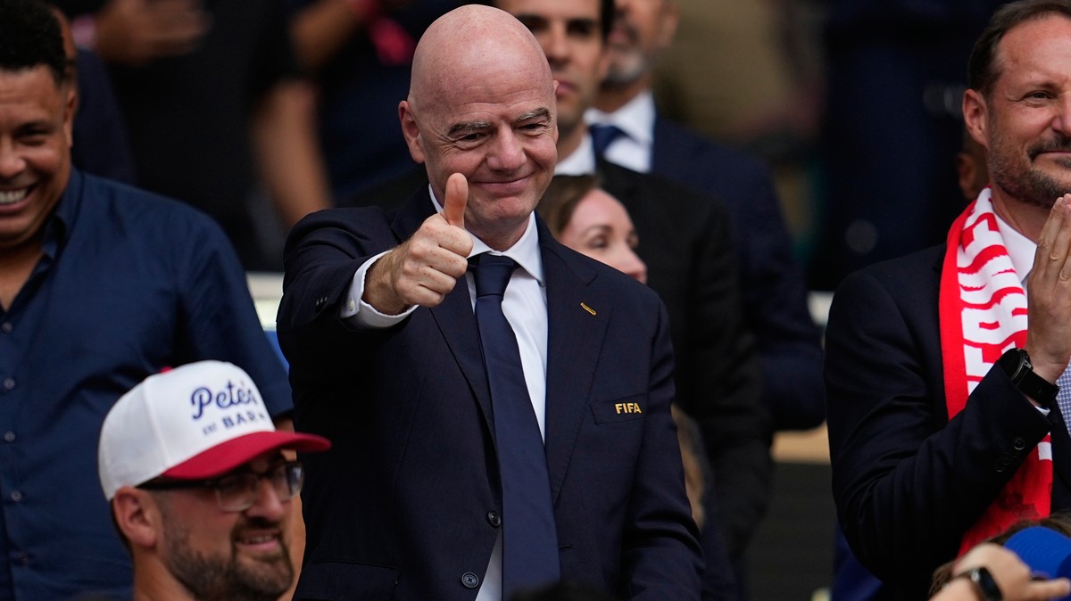 FIFA President Gianni Infantino attends the World Cup quarterfinal soccer match between Norway and England in Miami Gardens, Fla., Saturday, July 11, 2026. (AP Photo/George Walker IV)
Gianni Infantino