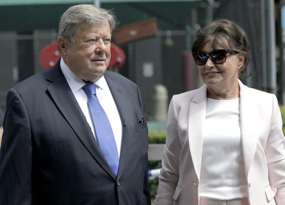 Viktor and Amalija Knavs listen as their attorney makes a statement in New York, Thursday, Aug. 9, 2018. First Lady Melania Trump&#039;s parents have been sworn in as U.S. citizens. A lawyer for the K ...