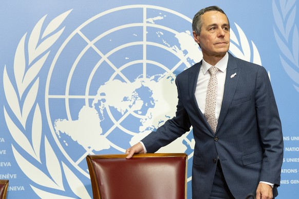 epa08510819 Switzerland&#039;s Foreign Minister Ignazio Cassis arrives for a press conference to mark the 75th anniversary of the UN Charter, during press conference, at the European headquarters of t ...