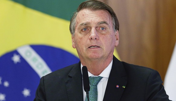 FILE - Brazil&#039;s President Jair Bolsonaro speaks during a joint press conference Paraguay&#039;s president at the Planalto Palace in Brasilia, Brazil, Nov. 24, 2021. Bolsonaro was taken to a Sao P ...