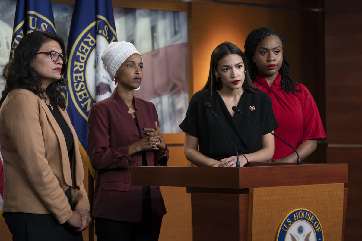 From left, Rep. Rashida Tlaib, D-Mich., Rep. Ilhan Omar, D-Minn., Rep. Alexandria Ocasio-Cortez, D-N.Y., and Rep. Ayanna Pressley, D-Mass., respond to remarks by President Donald Trump after his call  ...