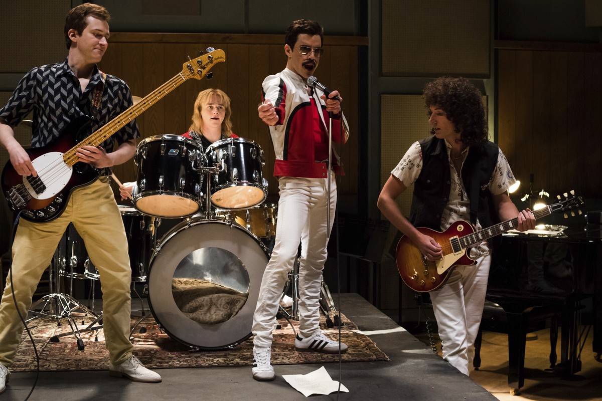 This image released by Twentieth Century Fox shows Joe Mazzello, from left, Ben Hardy, Rami Malek and Gwilym Lee in a scene from "Bohemian Rhapsody." The cast was nominated for a SAG Award f ...