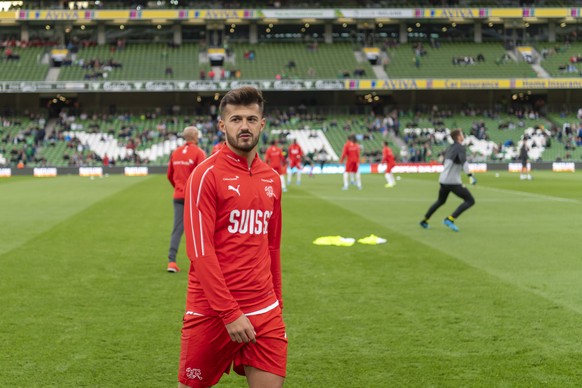 Switzerland&#039;s Albian Ajeti prior to the UEFA Euro 2020 qualifying Group D soccer match between the Republic of Ireland and Switzerland at the Aviva stadium in Dublin, Ireland, on Thursday, Septem ...