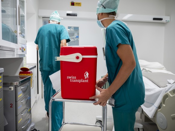 Un rein est transporte dans une glaciere lors d&#039;une transplantation d&#039;organe dans un bloc operatoire du Centre Hospitalier Universitaire Vaudois, CHUV, ce mardi 15 septembre 2020 a Lausanne. ...