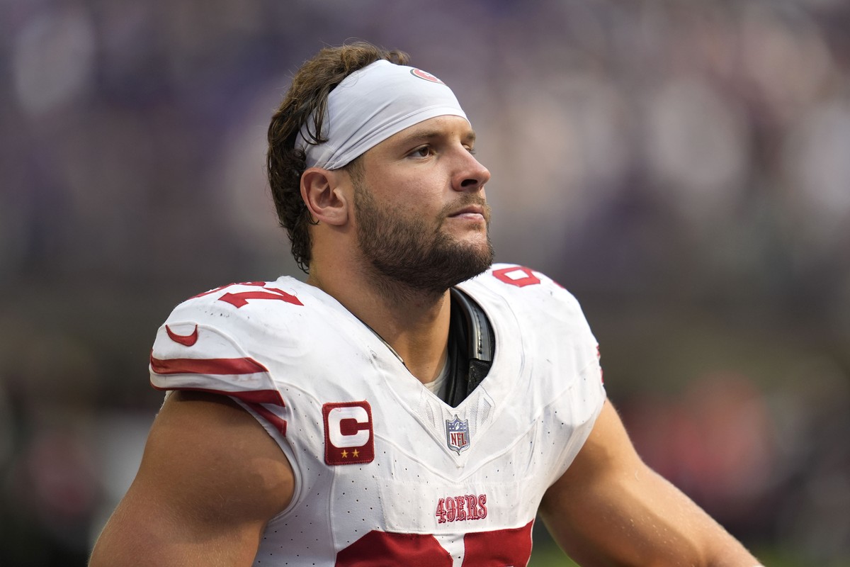 San Francisco 49ers defensive end Nick Bosa walks off the field after an NFL football game against the Minnesota Vikings, Sunday, Sept. 15, 2024, in Minneapolis. The Vikings won 23-17. (AP Photo/Abbie ...