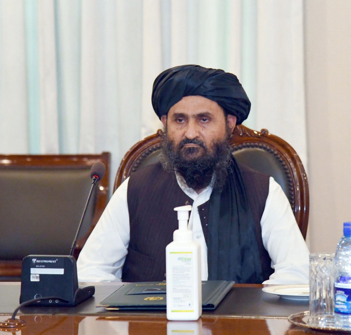epa08624678 A handout photo made available by Pakistan's Foreign Ministry shows Taliban co-founder Mullah Abdul Ghani Baradar, leading his delegation during talks with Pakistan's Foreign Min ...