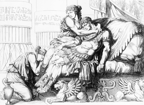 Cleopatra holds the mortally wounded body of Marc Antony following his suicide. Artist: Bartolomeo Pinelli. Image date: 1819.