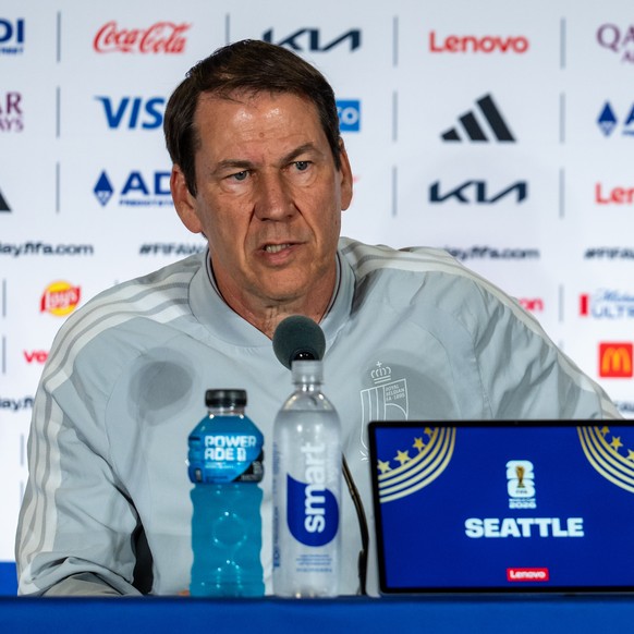 epa13089802 Belgium head coach Rudi Garcia speaks during a press conference ahead of the FIFA World Cup 2026 Round of 16 match between USA and Belgium, in Seattle, Washington State, USA, 05 July 2026. ...