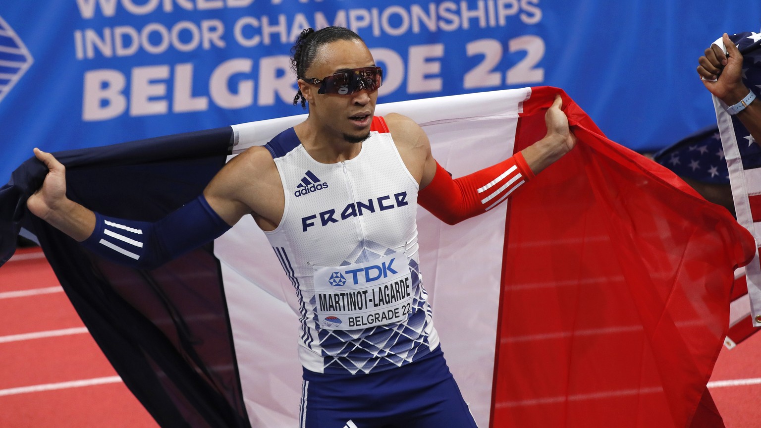 epa09839095 Pascal Martinot-Lagarde of France celebrates after taking the second place in the Men&#039;s 60m Hurdles final at the IAAF World Athletics Indoor Championships in Belgrade, Serbia, 20 Marc ...