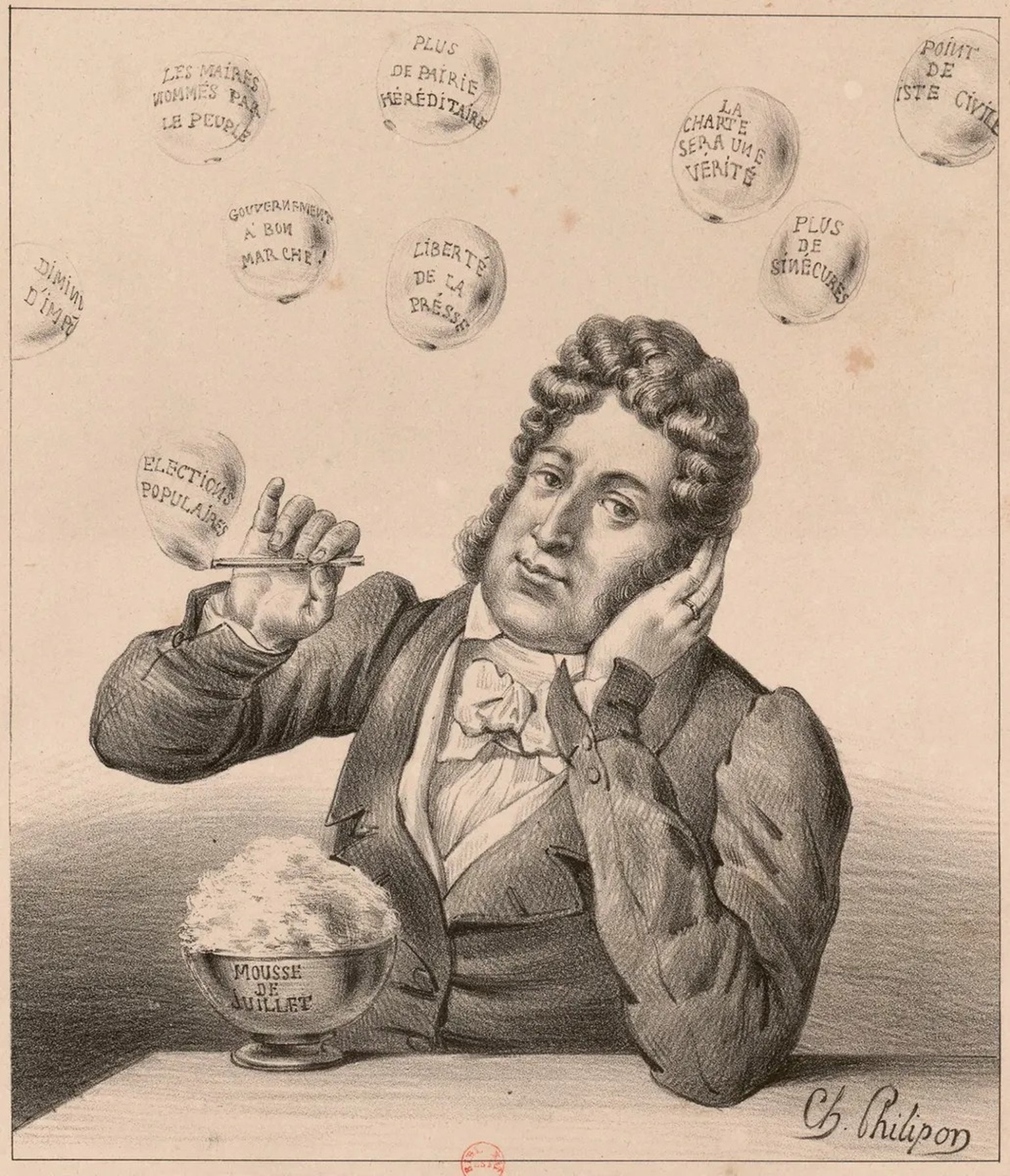Eine Politik voller schnell platzenden Seifenblasen: So wurde König Louis-Philippe karikiert.
https://gallica.bnf.fr/ark:/12148/btv1b530065507