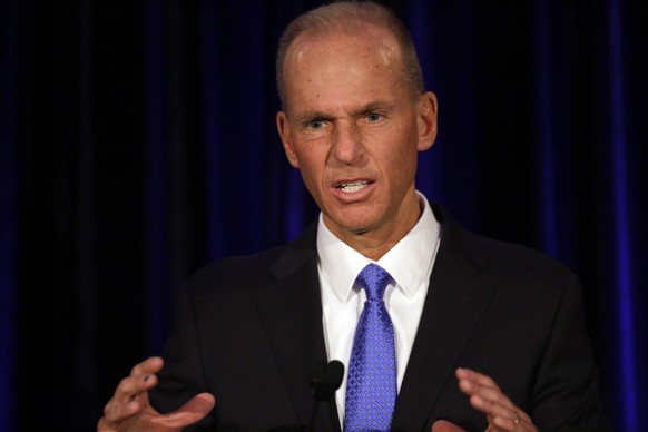 epa07536555 Boeing Chief Executive Officer Dennis Muilenburg speaks during a press conference after the Boeing Annual General Meeting in Chicago, Illinois, USA, 29 April 2019. Boeing management faced  ...