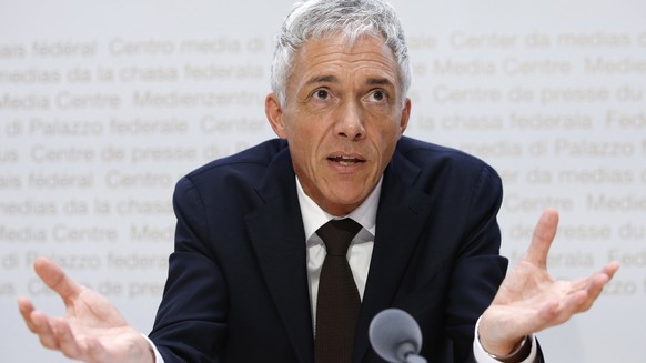 epa07561029 Swiss Federal Attorney Michael Lauber speaks during a press conference at the Media Centre of the Federal Parliament in Bern, Switzerland, 10 May 2019. Federal Attorney Michael Lauber is c ...