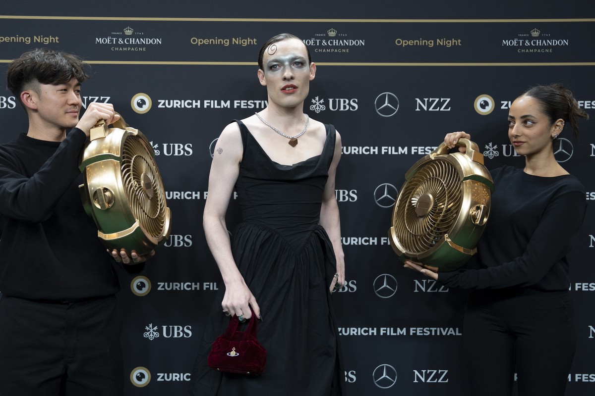 Nemo Mettler arrives on the Green Carpet at the Opening Night of the 20th Zurich Film Festival (ZFF) in Zurich, Switzerland, on Thursday, October 3, 2024. (KEYSTONE/Til Buergy)