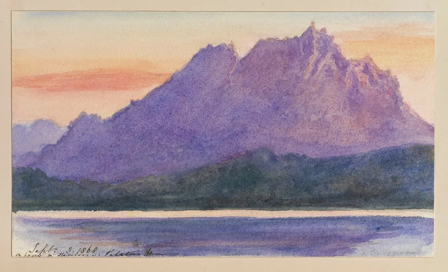Ganz in Violett getaucht: Der Pilatus wirkt in der Darstellung der Queen fast impressionistisch.
https://www.rct.uk/collection/search#/47/collection/980042-bw/pilatus-from-on-board-the-steamer