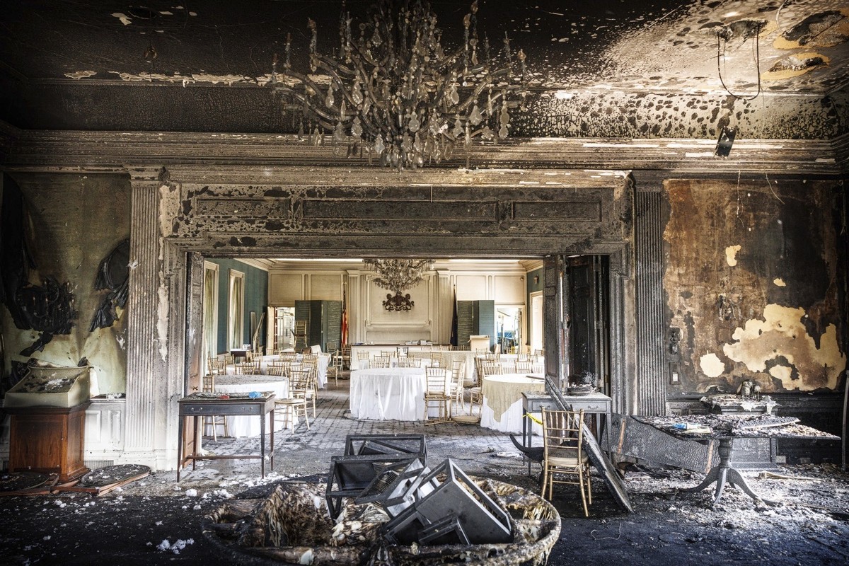 This image provided by Commonwealth Media Services shows damage after a fire at the Pennsylvania governor?s mansion while Democratic Gov. Josh Shapiro and his family slept inside on Sunday, April 13,  ...