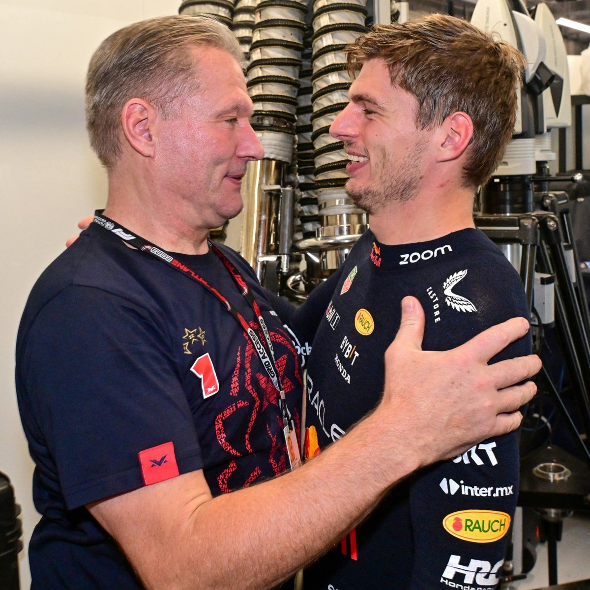1 Max Verstappen NLD, Oracle Red Bull Racing celebrates becoming the 2023 Drivers World Champion, Jos Verstappen NLD, F1 Grand Prix of Qatar at Lusail International Circuit on October 7, 2023 in Doha, ...