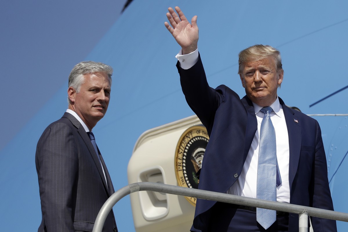 President Donald Trump and Robert O'Brien, just named as the new national security adviser, board Air Force One at Los Angeles International Airport, Wednesday, Sept. 18, 2019, in Los Angeles. (A ...