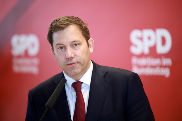 epa11925250 Social Democratic Party (SPD) co-chairman and SPD parliamentary group leader, Lars Klingbeil, speaks to the media after a parliamentary group meeting at the German parliament &#039;Bundest ...