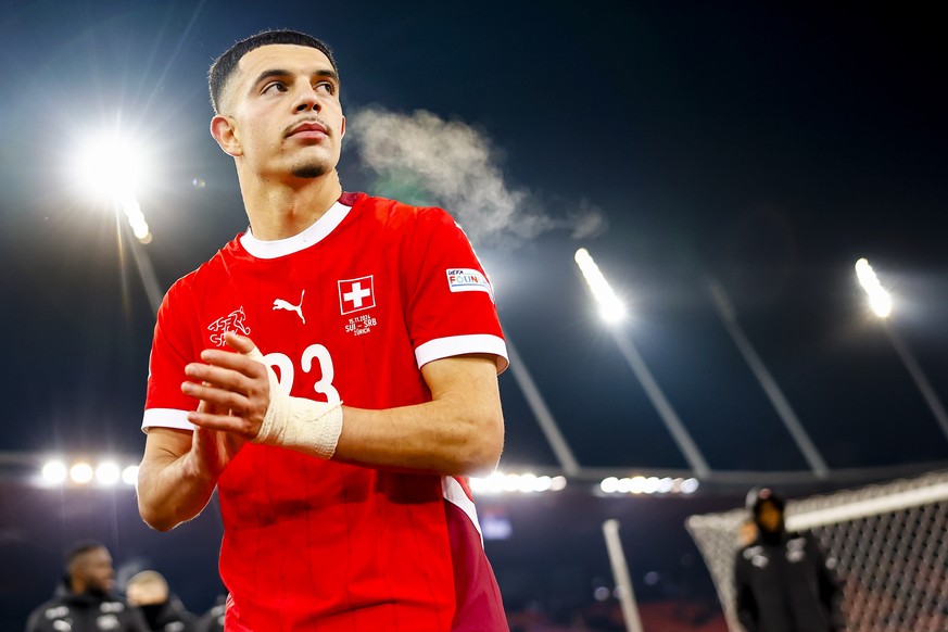 epa11723628 Switzerland&#039;s forward Zeki Amdouni reacts during the UEFA Nations League soccer match between Switzerland and Serbia at the Letzigrund stadium in Zurich, Switzerland, 15 November 2024 ...