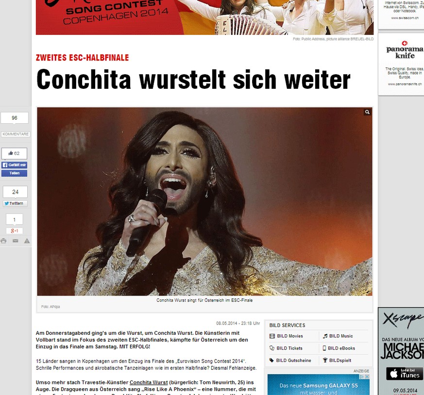 Aus der&nbsp;Bild: «Die Künstlerin mit Vollbart stand im Fokus des zweiten ESC-Halbfinales, kämpfte für Österreich um den Einzug in das Finale am Samstag. MIT ERFOLG!»