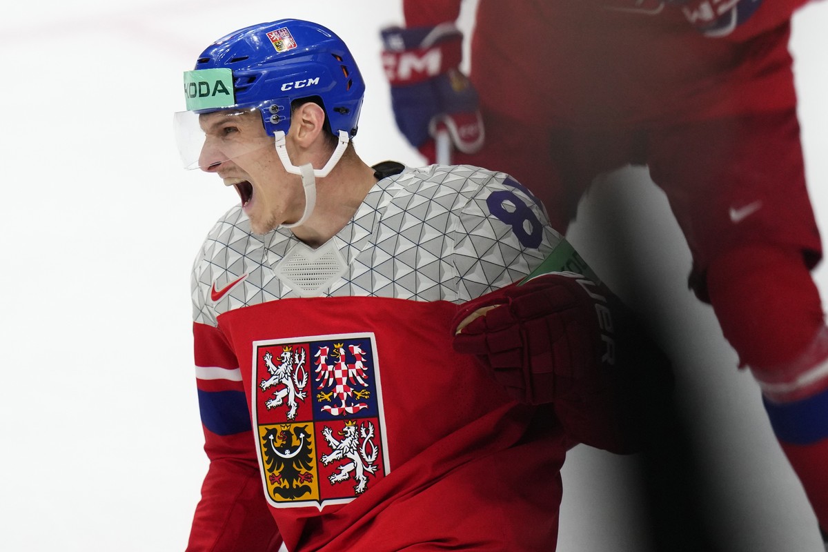 Czech Republic's Dominik Kubalik celebrates after scoring his sides second goal during the preliminary round match between Czech Republic and Austria at the Ice Hockey World Championships in Prag ...