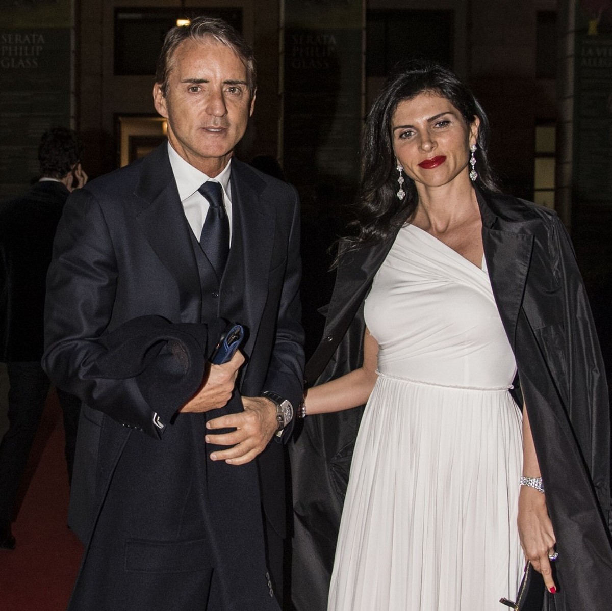 Arrival of Roberto Mancini and Silvia Fortini for the event 'Nuit blanche' dedicated to Philippe Glass at Opera Theatre in Rome, ITALY-28-03-2019.