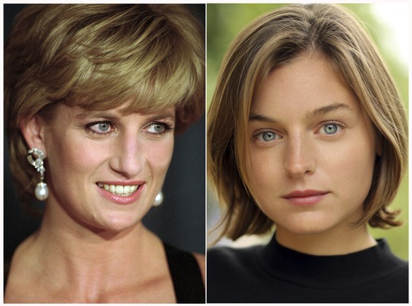 This combination photo shows Diana, Princess of Wales, at the United Cerebral Palsy&#039;s annual dinner in New York on Dec. 11, 1995, left, and actress Emma Corrin, who has been cast to portray Lady  ...