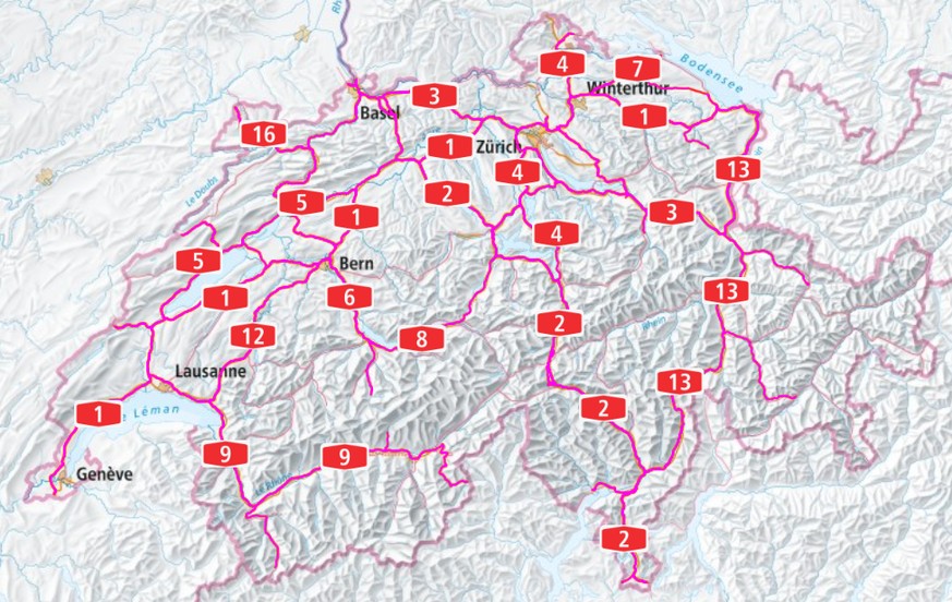 Die wichtigsten Nationalstrassenachsen der Schweiz.