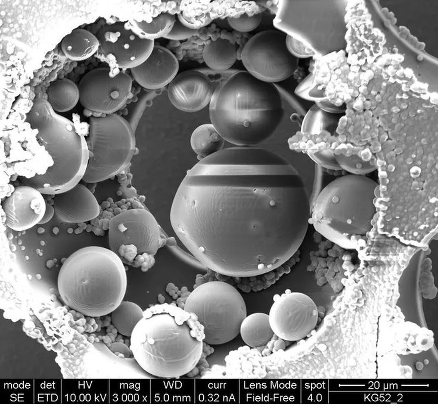 Überraschung im Rasterelektronenmikroskop: Die bis zu 20 Mikrometer kleinen Weihnachtskugeln, an denen vereinzelt winzige Schneeflocken haften, entstanden eher zufällig bei der Herstellung eines Mikro ...