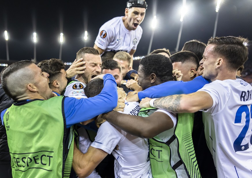 Zurich&#039;s Antonio Marchesano, center, celebrates with his team after scoring his team&#039;s second goal of the match during the UEFA European League Group A soccer match between Switzerland&#039; ...