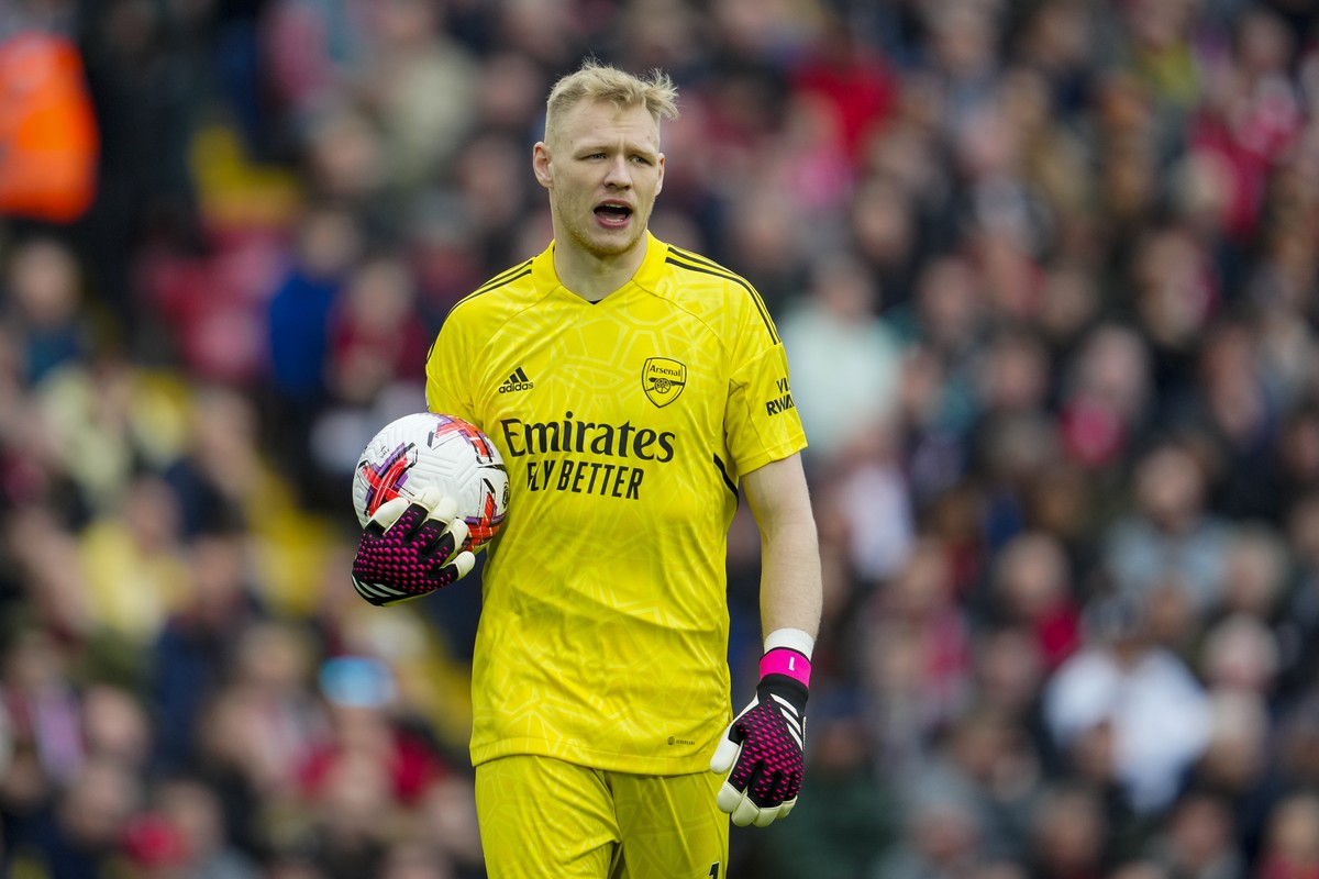 Arsenal's goalkeeper Aaron Ramsdale reacts during the English Premier League soccer match between Liverpool and Arsenal at Anfield in Liverpool, England, Sunday, April 9, 2023. (AP Photo/Jon Supe ...